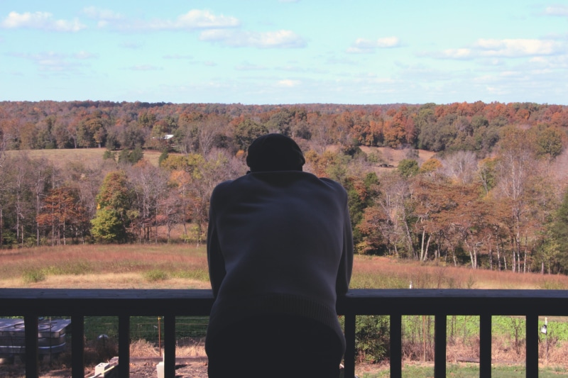 railing, plant, tranquility, tree, leisure activity, person, cap, sky, trees, hat, thinker, men, scenics - nature, three quarter length, looking at view