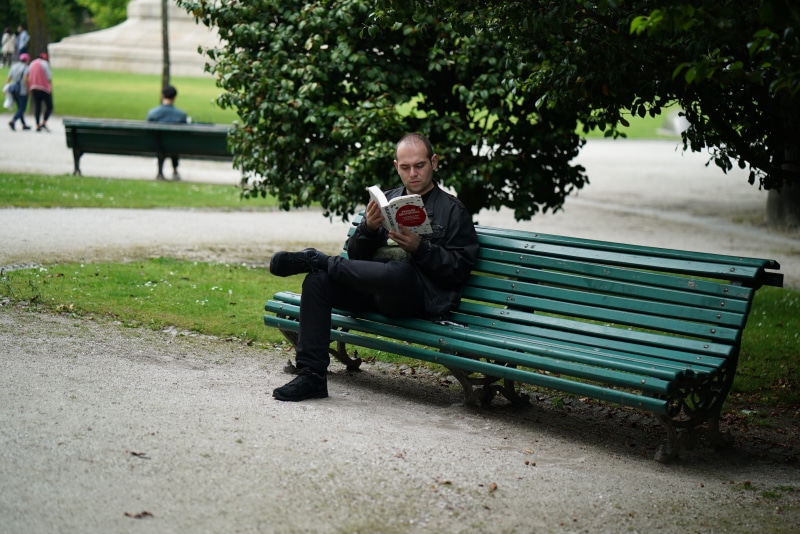 Poet, sitting, leisure activity, person, man, break, bench, view, out, park - Man Made Space, full length, lifestyles, 2K, day, casual clothing, adult