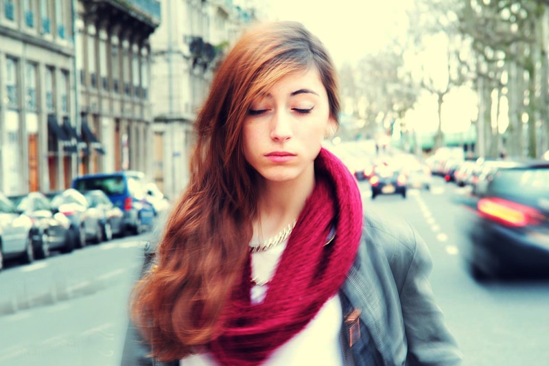 speed, women, scarf, beauty, woman, passing, city life, cars, time, go, adult, motor vehicle, street, closing, transportation, teenager, eyes closed, beautiful woman