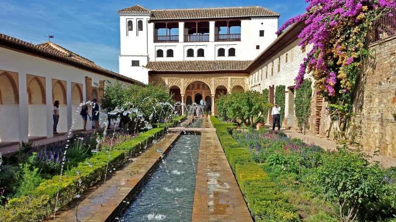 built structure, growth, generalife, granada, plant, alhambra, house, day, real people, building, flower, sky, nature, courtyard, field, near, architecture