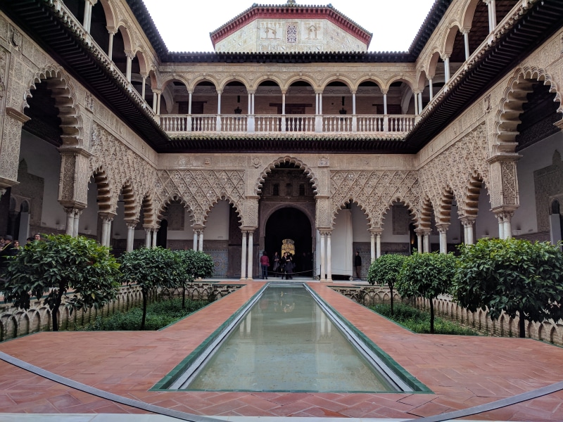 built structure, architecture, outdoors, entrance, incidental people, arch, alcazar, the past, travel destinations, history, 4K, direction, tree, day