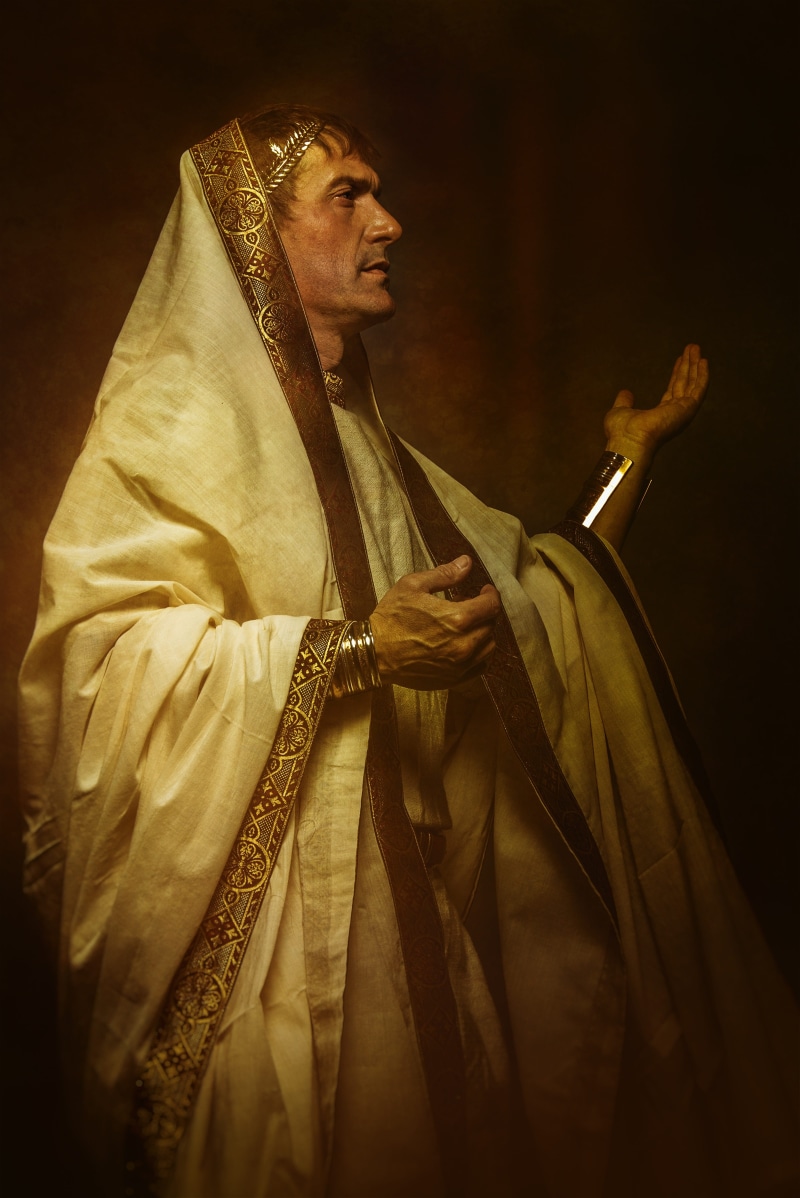 laurel wreath, imperator, caesar, 4K, studio shot, man, tunic, period costume, indoors, art, cosplay, clothing, architecture, place of worship, pray, robe