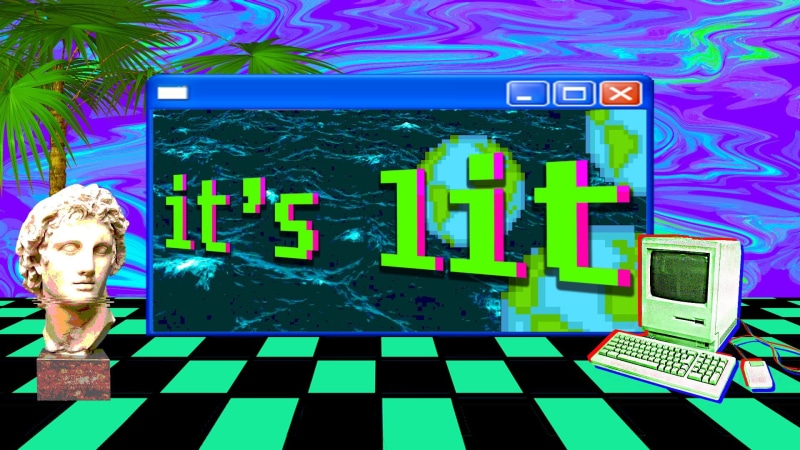 Retro computers, grid, trees, Retrowave, statue, 1080P, vaporwave