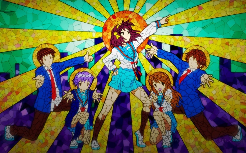 human representation, celebration, art and craft, Suzumiya Haruhi , group of people, Koizumi Itsuki, full frame, pattern, Nagato Yuki, male likeness, Asahina Mikuru