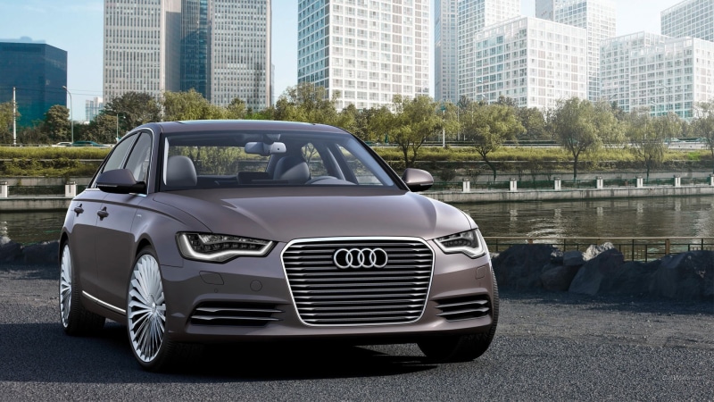 land vehicle, nature, city life, Audi A6, tree, architecture, office building exterior, modern, building exterior, outdoors, 1080P, city, mode of transportation
