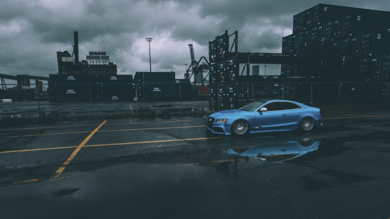 1080P, mode of transportation, water, wet, Audi, road, architecture, pollution, rainy season, transportation, cloud - sky, city, sign, coupe, dusk, car