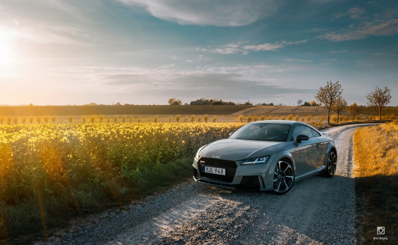 sportcar, tt, environment, landscape, 2K, automotive, gray, outdoors, tree, rural scene, 2017, land vehicle, sunset, Road, Audi, land, sunlight, no people
