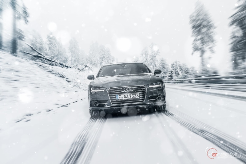 architecture, winter, land vehicle, audi, 1080P, travel, nature, wet, mode of transportation, coupe, snow, day, on the move, glass - material, black, road