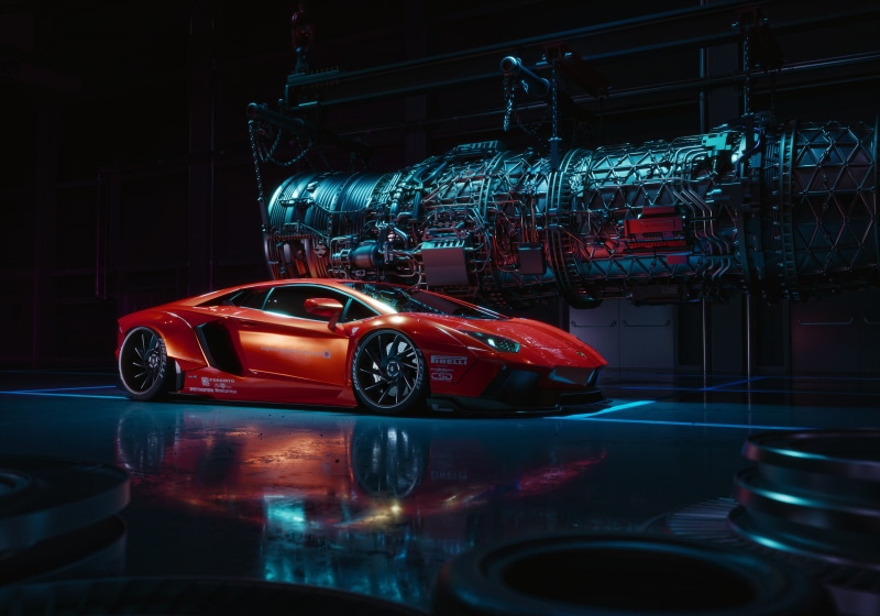 Pirelli, 3D, front angle view, red cars, CGI, Lamborghini Aventador, dark, Lamborghini, vehicle, car, turbines, reflection, artwork, digital art, 1080P
