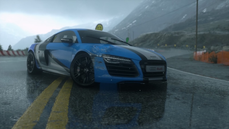 cold temperature, wet, r, Audi R8, day, coupe, road, screen shot, Forza Motorsport 5, sky, blue, mountains, winter, mode of transportation, rain, motor vehicle