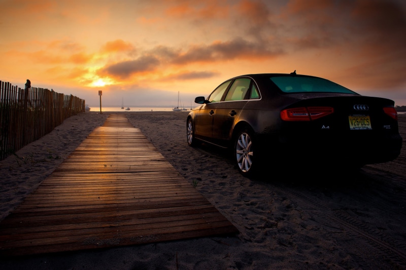 cloud - sky, beach, 1080P, machine, sun, dawn, motor vehicle, Audi, the way forward, sedan, audi a4, tranquility, no people, nature, idyllic, sunset, transportation