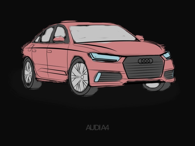 stationary, reflection, drawing, text, wheel, Audi A4, car, cut out, studio shot, black background, no people, sports car, red, land vehicle, retro styled