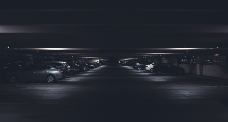 parking, vehicle, night, stationary, city, ceiling, basement, street, architecture, illuminated, car, motor vehicle, area, ground, dark, parking lot, built structure