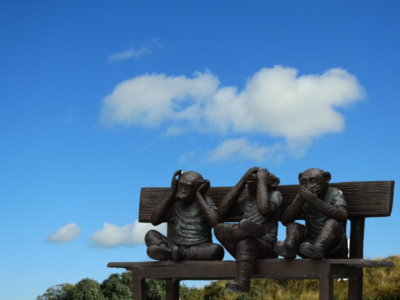 art and craft, nature, architecture, artwork, day, statue, see, 4K, metal, blue, monkeys, sculpture, memorial, three, craft, statues, cloud - sky, wise