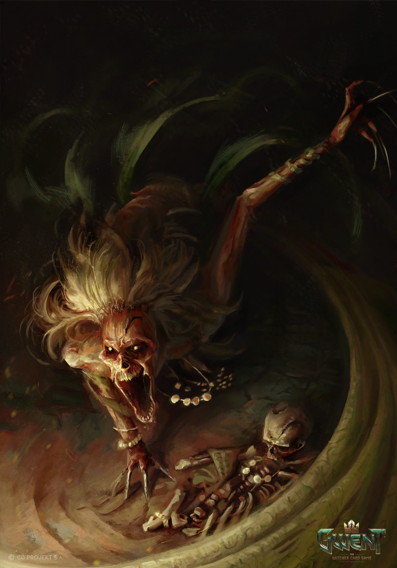 video game characters, blonde, white hair, video games, skull, portrait, Gwent, blond hair, ArtStation, skull and bones, artwork, 2K, bones, claws, Desert Banshee