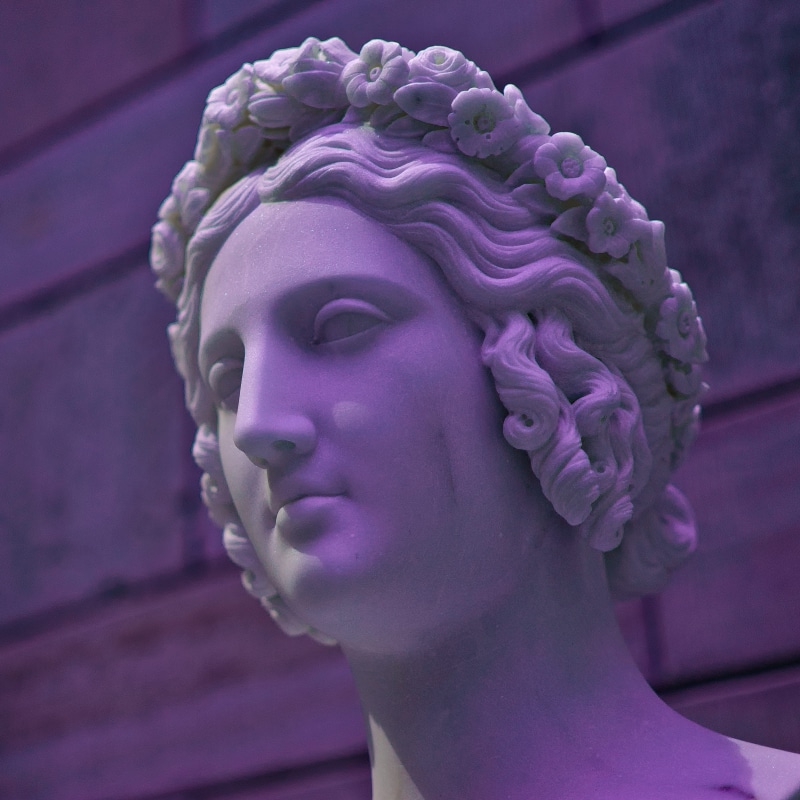 flower, white, marble, figurine, human, sculpture, purple, stone material, pink color, design, male likeness, inside, headbust, haze, 4K, sculputre, light