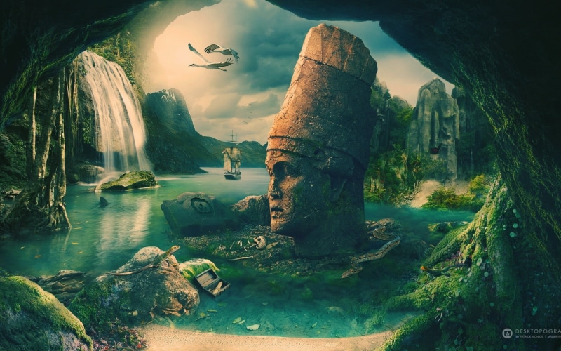 scenics - nature, plant, digital, tranquil scene, ship, birds, outdoors, beauty in nature, headbust, fantasy art, rock, day, solid, sea, travel, waterfalls
