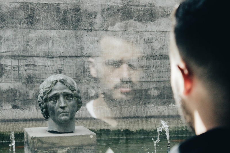 portrait, man, day, looking, gray, males, architecture, body part, guy, face, art and craft, water, building exterior, outdoors, people, head, young adult