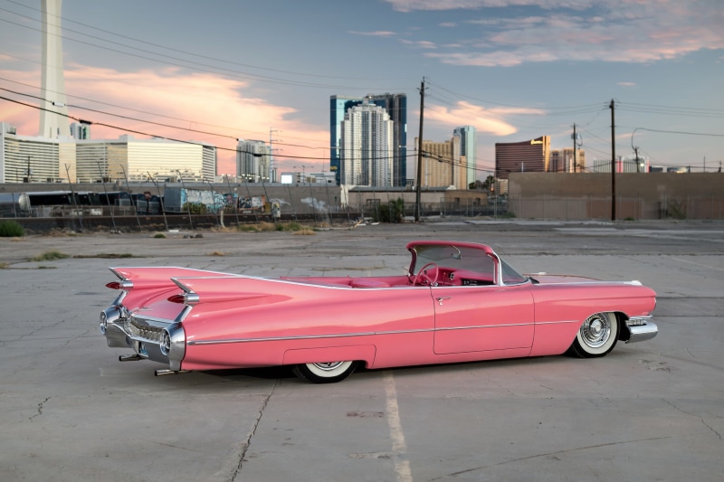 road, convertible, coupe, city, car, pink, stationary, cloud - sky, outdoors, transportation, Cadillac Convertible, sunset, mode of transportation, architecture