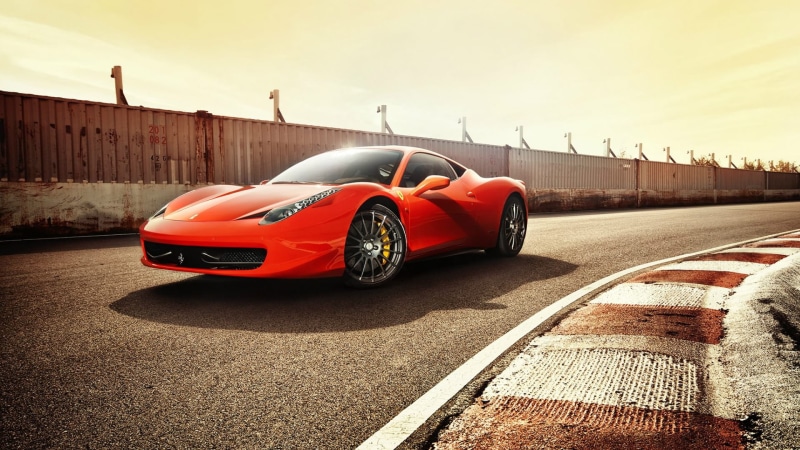 city, outdoors, car, street, 1080P, luxury, land vehicle, nature, sunlight, buggati, red cars, Ferrari 458 Italia, architecture, road, day, tire, no people