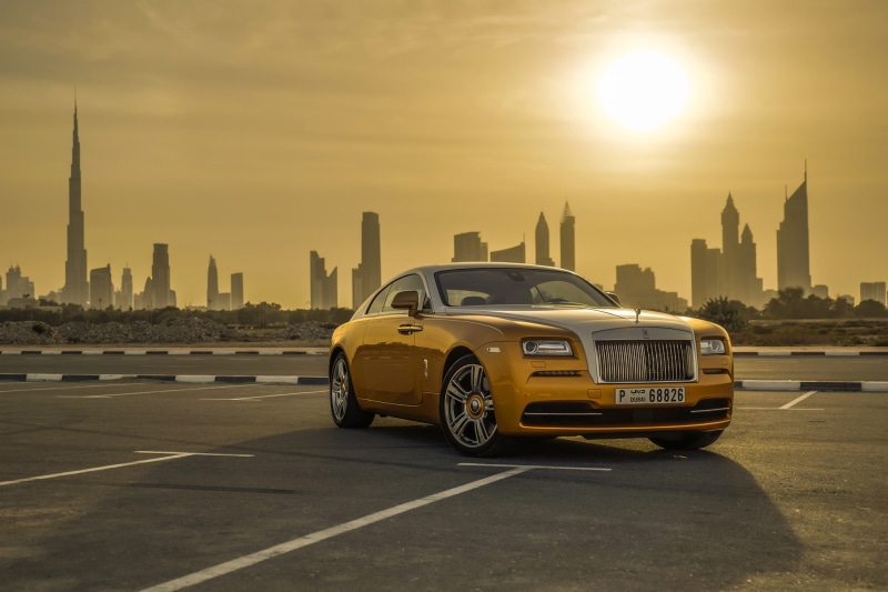 skyscraper, Gold, sun, sky, yellow, Car, street, Dubai, mode of transportation, building, road, Wraith, office building exterior, city, 1080P, land vehicle