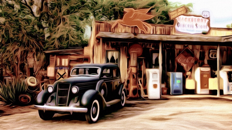 4K, artistic, classic car, painting, artwork, vintage car, retro, service station, vintage, antique car, canvas