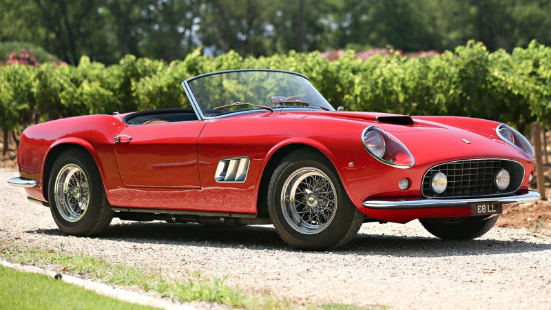 red, Ferrari 250 GT California Spyder, motor vehicle, outdoors, driving, collectors car, sunlight, vintage car, vintage, wheel, nature, car, mode of transportation