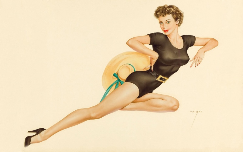 hair, Alberto Vargas, adult, one person, clothing, women, hairstyle, pinup models, full length, 1080P, young women, indoors, studio shot, looking at camera