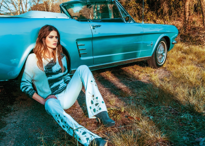 plant, front view, fall, day, land vehicle, casual clothing, high heels, brunette, young adult, mode of transportation, one person, car, hair, 5K, outdoors