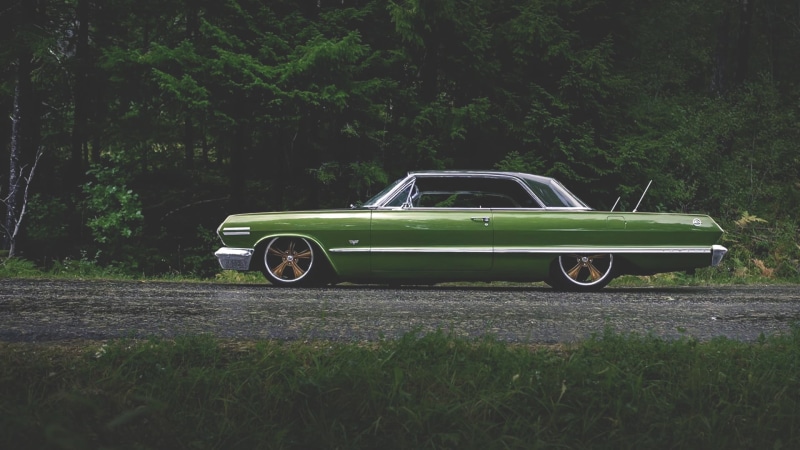 tree, land, travel, retro styled, transportation, motor vehicle, day, 1080P, no people, Chevrolet, green color, land vehicle, growth, nature, impala, field