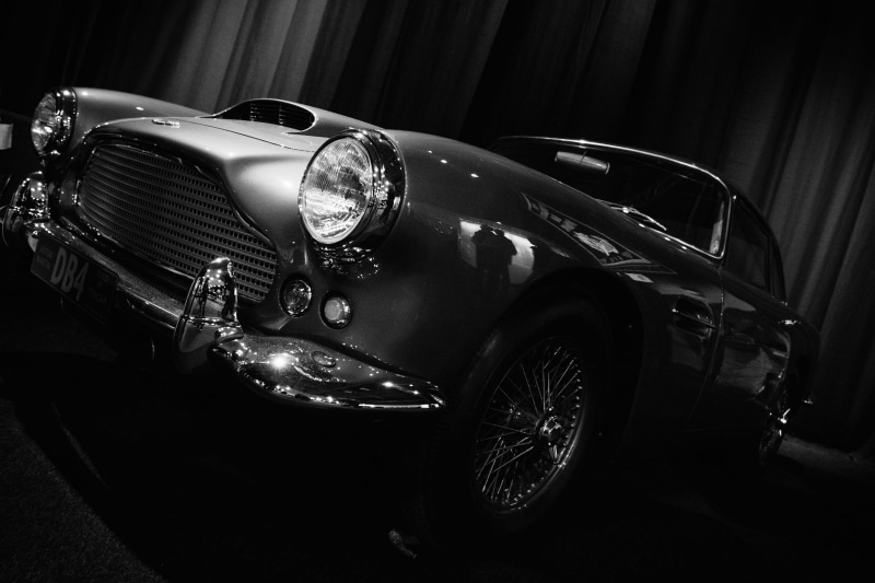 db-5, james bond, chrome, motor vehicle, shiny, classic, transportation, 5K, retro styled, vintage, db 5, lighting equipment, antique, db5, martin, focus on foreground