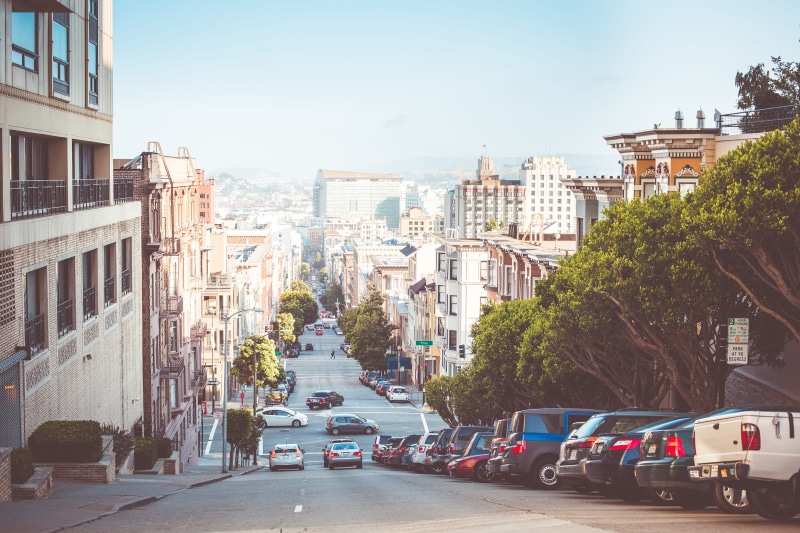 city street, roads, intersection, day, Down, diminishing perspective, street, the way forward, city, nature, usa, transportation, car, urban Scene, outdoors