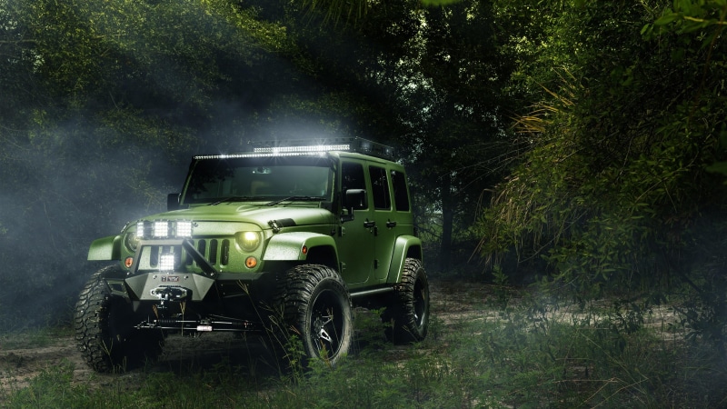 mode of transportation, stationary, vehicle, growth, ecosystem, land vehicle, jeep wrangler, plant, jeep, transportation, tree, outdoors, 4K, green color