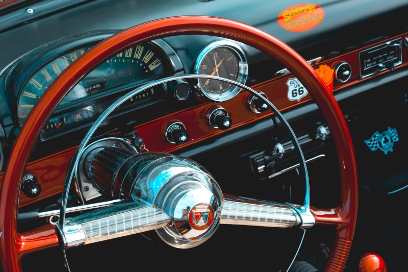 steering, day, steering wheel, brown, metal, chrome, transportation, no people, dashboard, antique, vehicle interior, car interior, control panel, motor vehicle