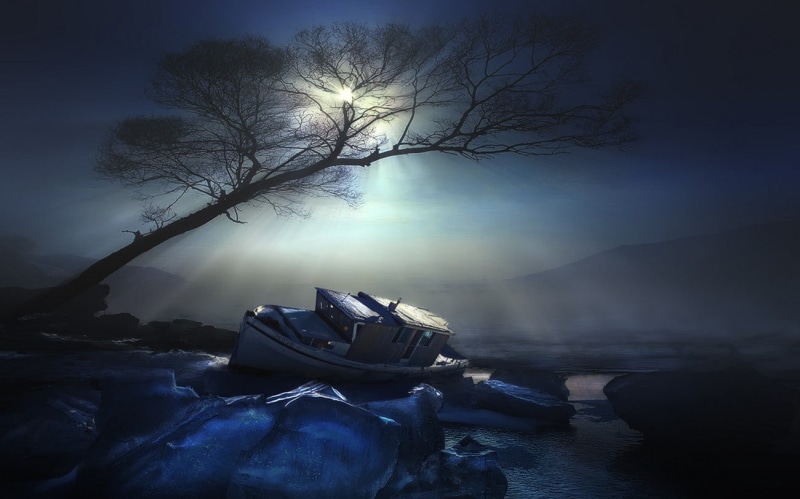 tranquility, water, land, Moon, outdoors, plant, motor, 720P, scooter, mist, beauty in nature, bare tree, no people, landscape, ice, black, white, blue