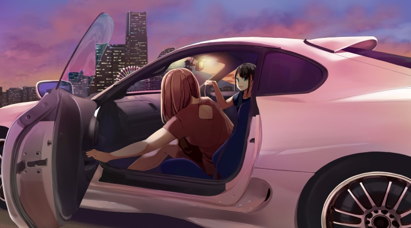 tuning, custom, 4K, car, anime, building, vehicle, ferris wheel, RHD, Japanese cars, anime girls, skyscraper, looking at viewer, city, car interior, door