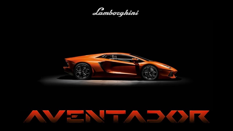 car, text, western script, guidance, land vehicle, transportation, black background, indoors, information, orange, motor vehicle, orange cars, Lamborghini