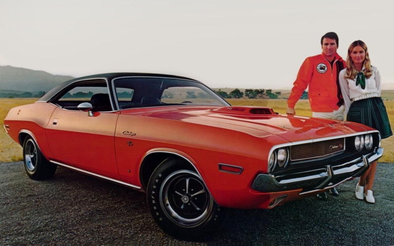 Challenger, transportation, men, red, outdoors, Dodge, women, looking at camera, 1080P, emotion, standing, car, portrait, background, convertible, positive emotion