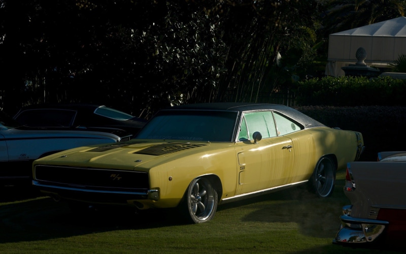 illuminated, built structure, plant, motor vehicle, mode of transportation, vintage car, 1080P, Dodge Charger R/T, land vehicle, transportation, tree