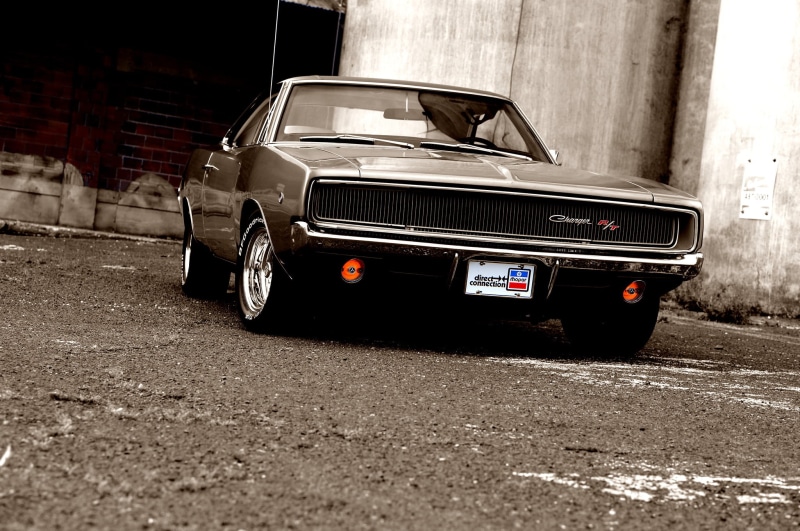 charger, day, bumper, street, mode of transportation, motor vehicle, abandoned, chrome, obsolete, transportation, outdoors, urban Scene, old-fashioned