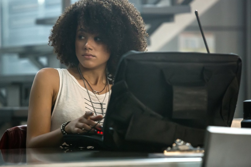 The Fate of The Furious, hair, indoors, sitting, furniture, curly hair, Nathalie Emmanuel, contemplation, adult, looking, Ramsey (Fast and Furious), business