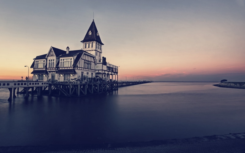 built structure, Buenos Aires, sunset, white, no people, water, scenics - nature, tranquility, waterfront, black, house, cathedral, wooden, Club de Pescadores