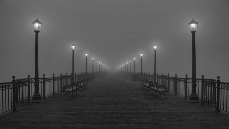 electric lamp, street, railing, lamp, post, the way forward, bench, no people, fog, architecture, black, lantern, illuminated, street light, pier, in a row