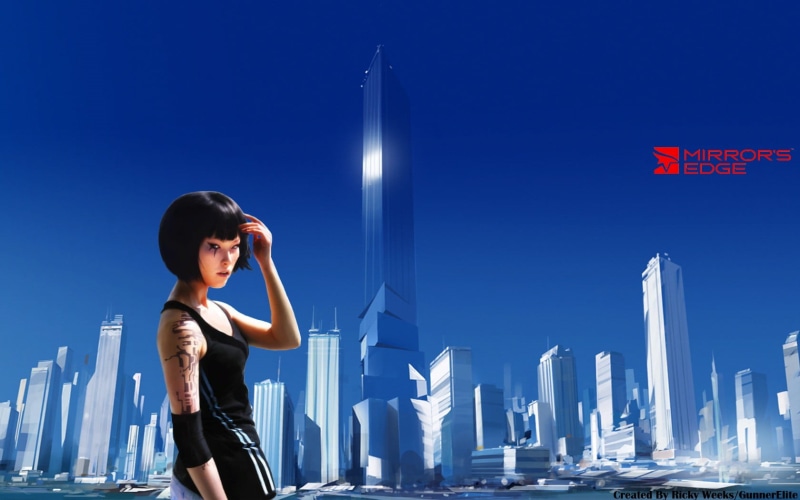blue, architecture, building, landscape, women, office building exterior, outdoors, built structure, one person, Mirrors Edge, screenshot, cityscape, young adult