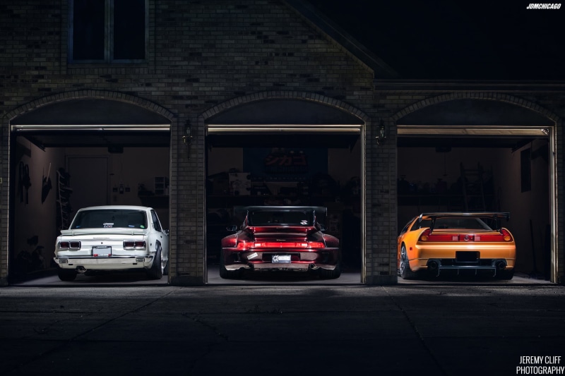 no people, night, built structure, outdoors, motor vehicle, travel, illuminated, transportation, garage, Nissan Skyline, public transportation, architecture