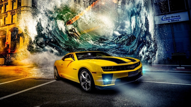 taxi, yellow taxi, Chevrolet Camaro Bumblebee, 1080P, motor vehicle, outdoors, day, mode of transportation, no people, yellow, road, land vehicle, transportation