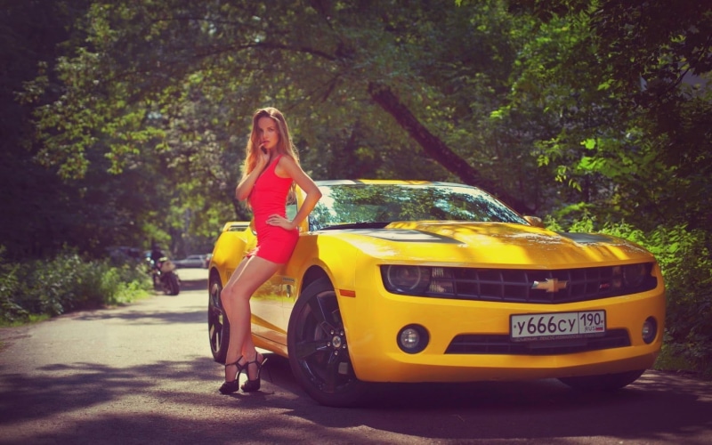 Women With Cars, 720P, High Heels, women, red Dress, Chevrolet Camaro Bumblebee, model