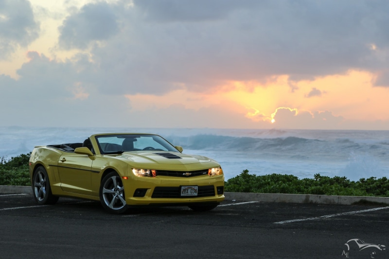 Chevrolet, Chevrolet Camaro Bumblebee, Chevrolet Camaro SS, beach, sea, Hawaii, sky, 1080P, yellow, sunset