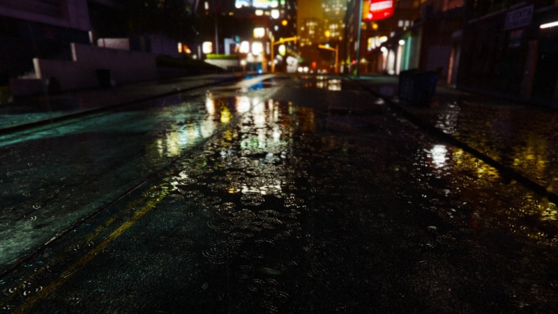 puddle, illuminated, no people, street, built structure, road, torrential rain, surface level, city street, rainy season, grand theft auto v, reflection