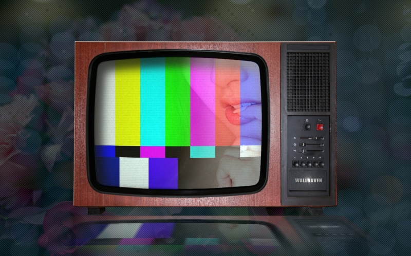 no people, television set, device screen, single object, multi colored, electrical equipment, modern, pattern, computer equipment, directly above, indoors